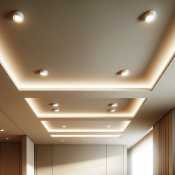 Modern hallway with recessed lighting and cove lighting in a layered ceiling design.